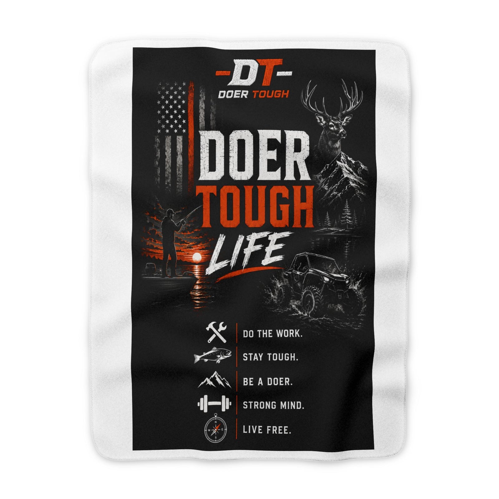Doer Tough sherpa blanket print side — Built Not Born creed fleece throw