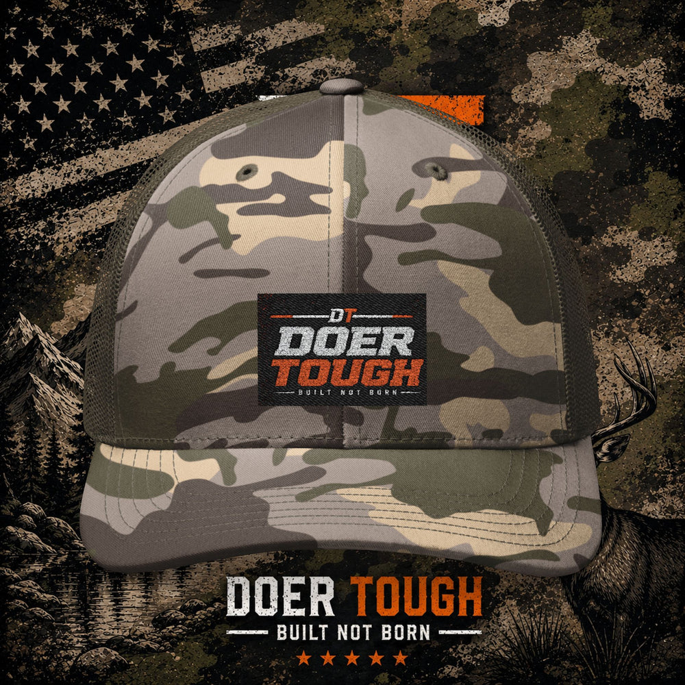 Doer Tough embroidered camo trucker hat — mesh snapback hunting cap