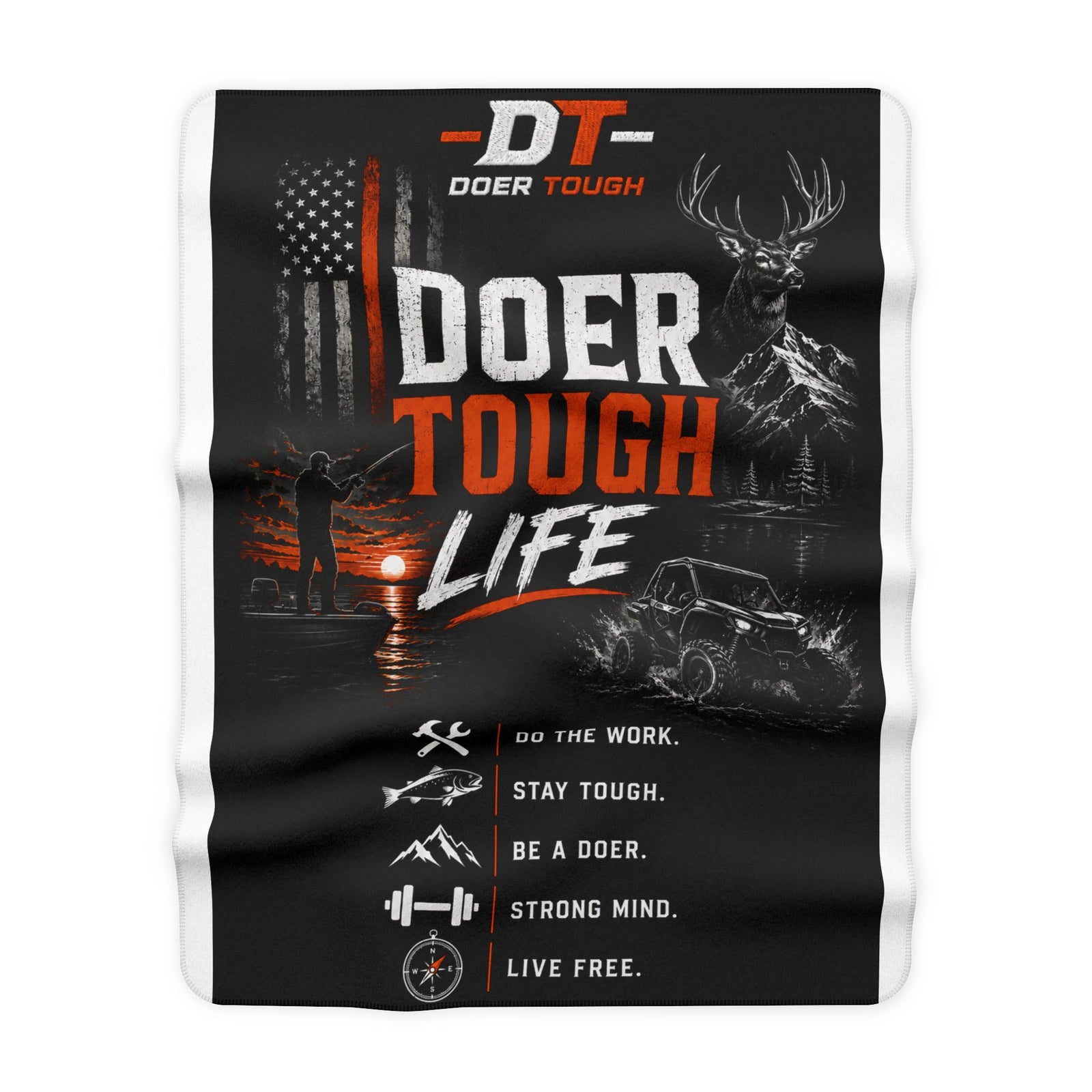 Doer Tough sherpa fleece blanket draped — Built Not Born heavyweight throw