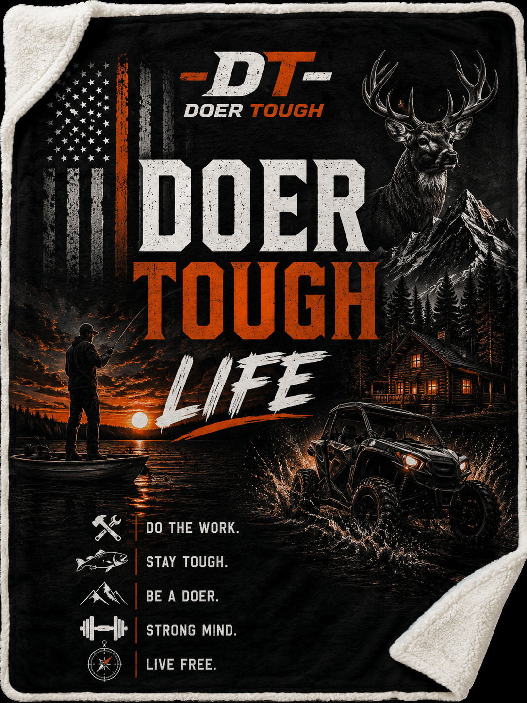 Doer Tough sherpa fleece blanket in truck cab — plush recovery throw