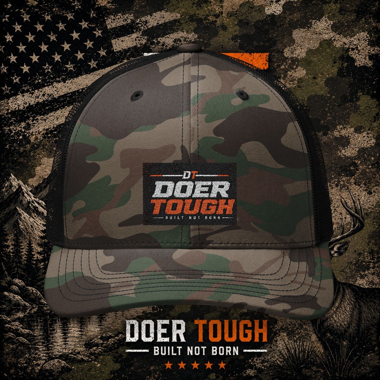 Doer Tough camo trucker hat back — breathable mesh adjustable snap closure