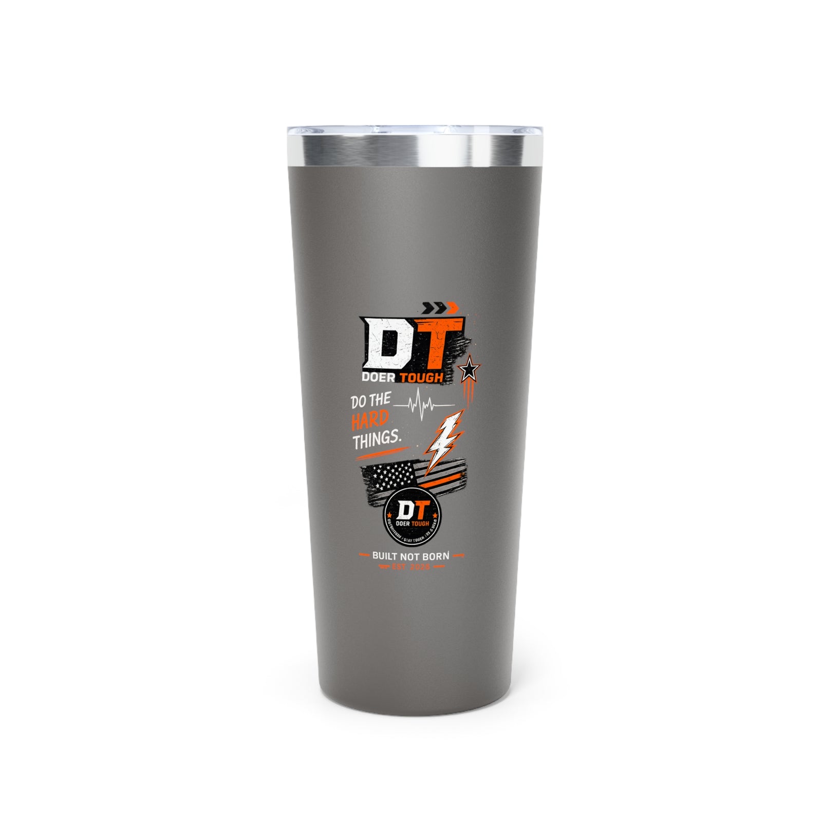 Doer Tough copper tumbler black side view — keeps coffee hot 12 hours