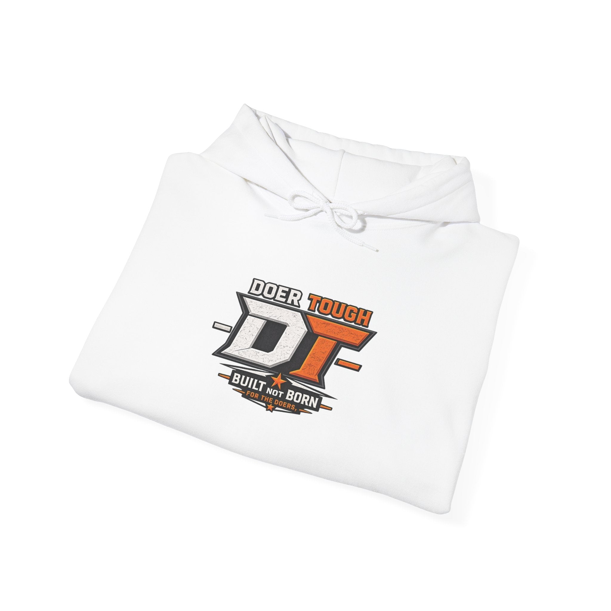 Doer Tough Built Not Born hoodie detail — trades fitness lifestyle sweatshirt