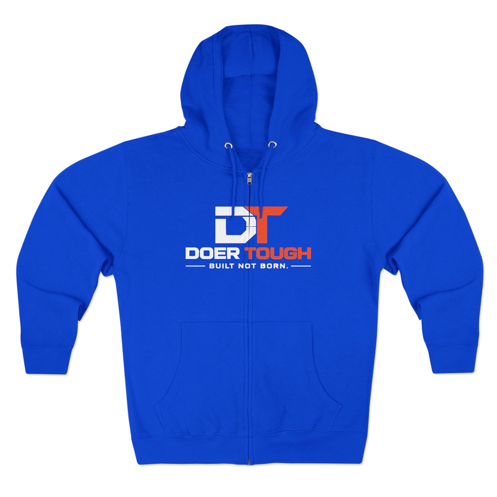 Doer Tough Zip Hoodie | Built Not Born back logo detail