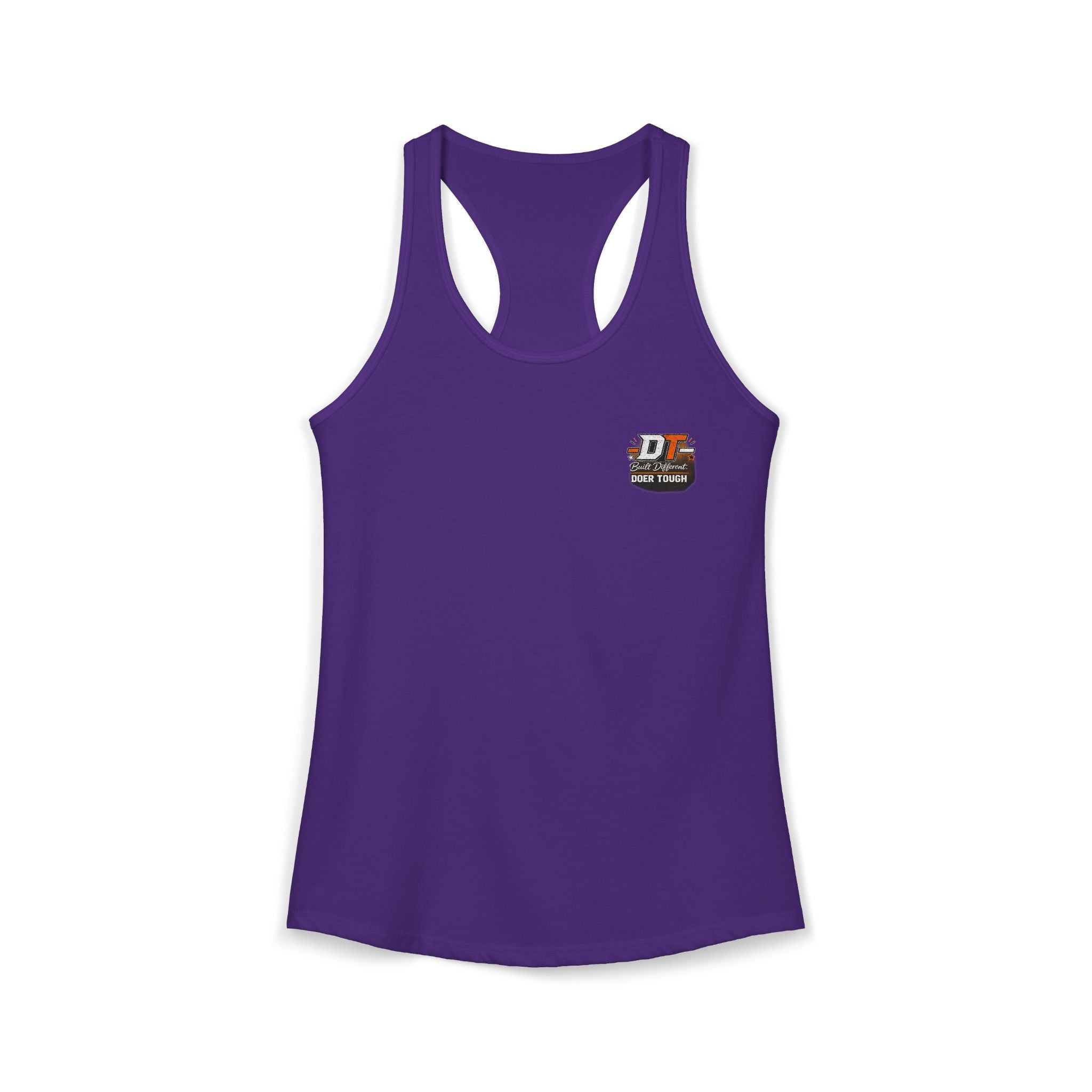 Doer Tough racerback tank side view — slim fit women's tank