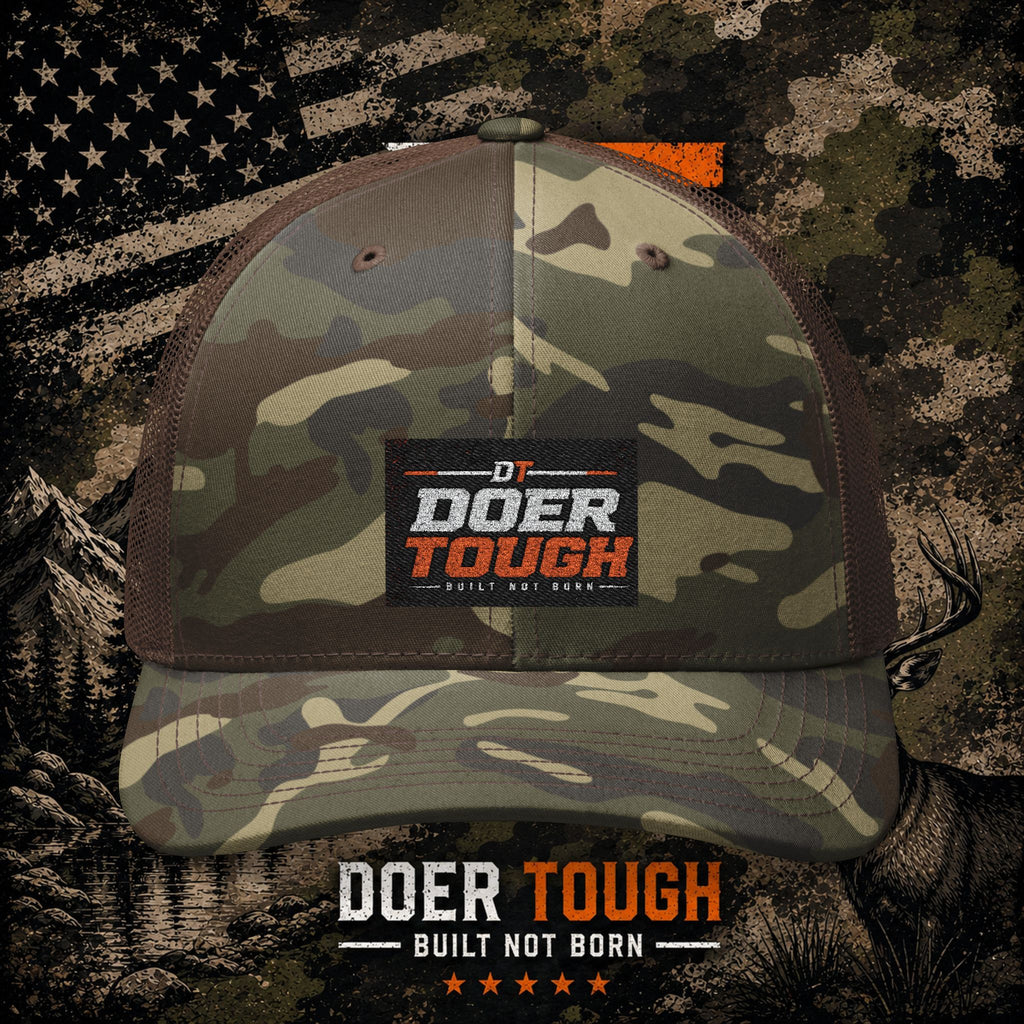 Doer Tough camo trucker hat side — embroidered mesh snapback hunting cap