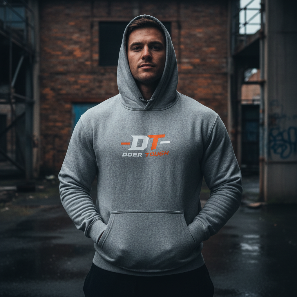 Doer Tough Relaxed Pullover Hoodie lifestyle shot — Built Not Born work fleece
