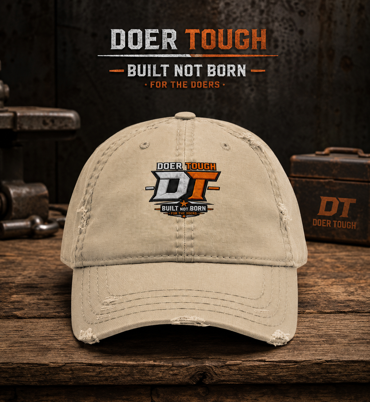 Doer Tough Distressed Dad Hat | Work Ethic Cap | Built Not Born Embroidered Hat