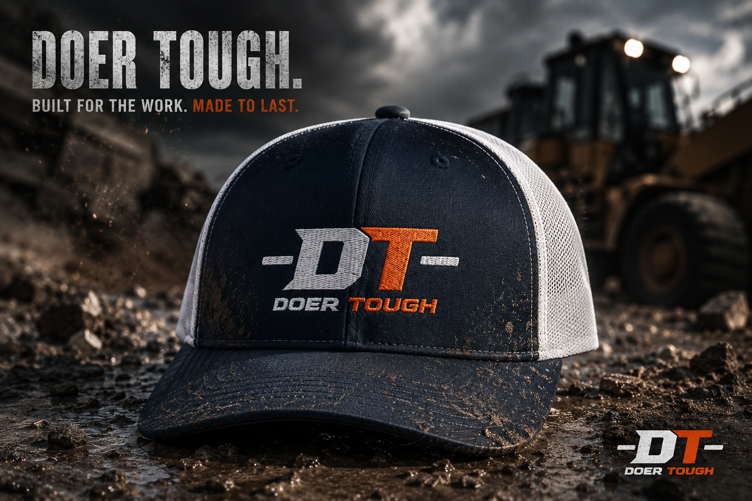 Doer Tough Trucker Cap — navy/white lifestyle shot, job site background
