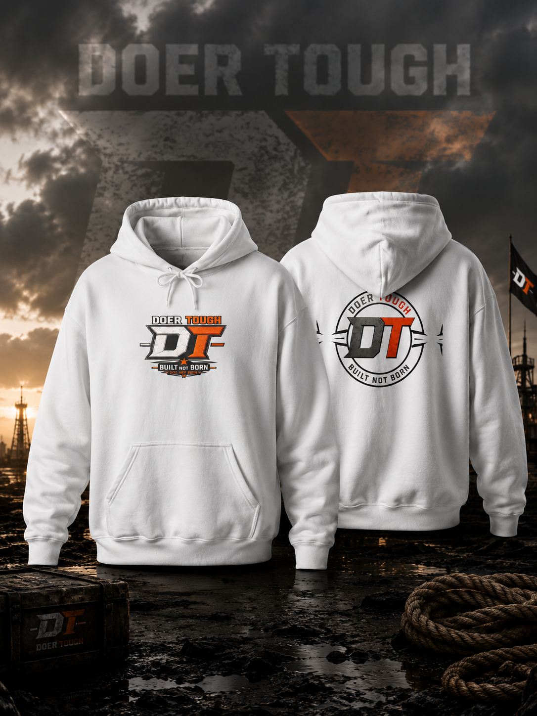 Doer Tough Unisex Hoodie — Built Not Born heavy sweatshirt front view