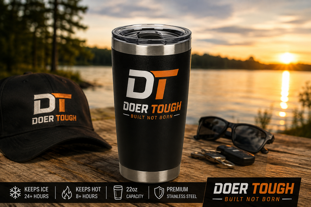 Doer Tough 22oz insulated tumbler with DT, Doer Tough and Built Not Born branding