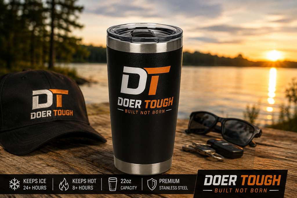 Doer Tough 22oz insulated tumbler with DT, Doer Tough and Built Not Born branding