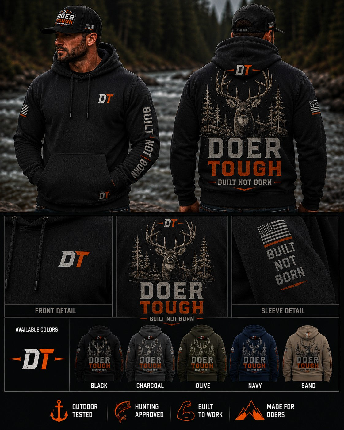 Doer Tough Built Not Born Hoodie - front and back